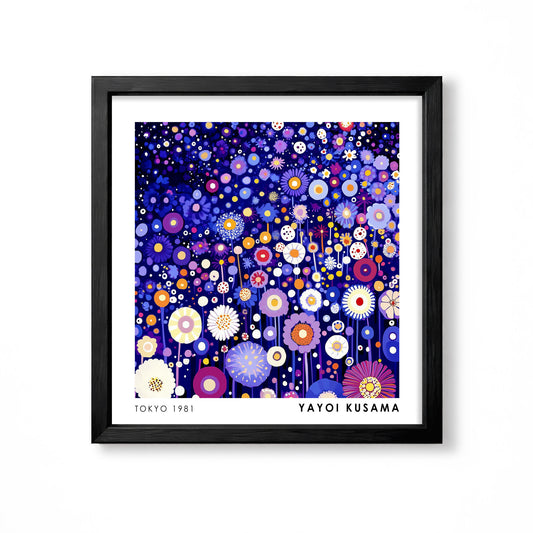 Yayoi Kusama inspired purple blue and yellow flower garden colourful Japanese floral wall art print