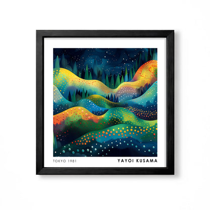Yayoi Kusama inspired colourful rainbow rolling hills night landscape polka dot wall art print
