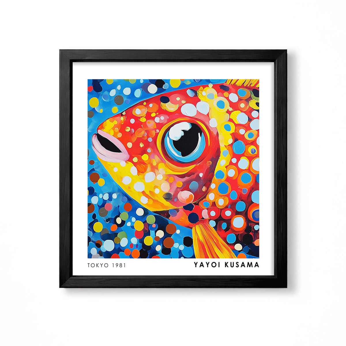 Yayoi Kusama inspired red orange fish colourful polka dot ocean wall art print