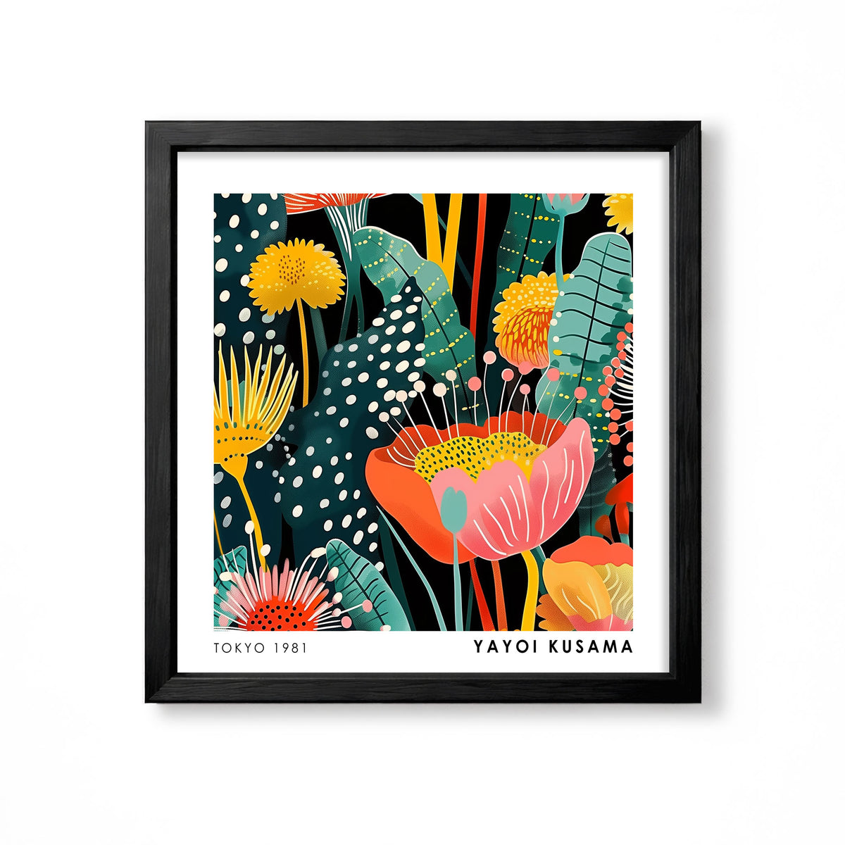 Yayoi Kusama inspired tropical flower botanical pattern on black colourful wall art print