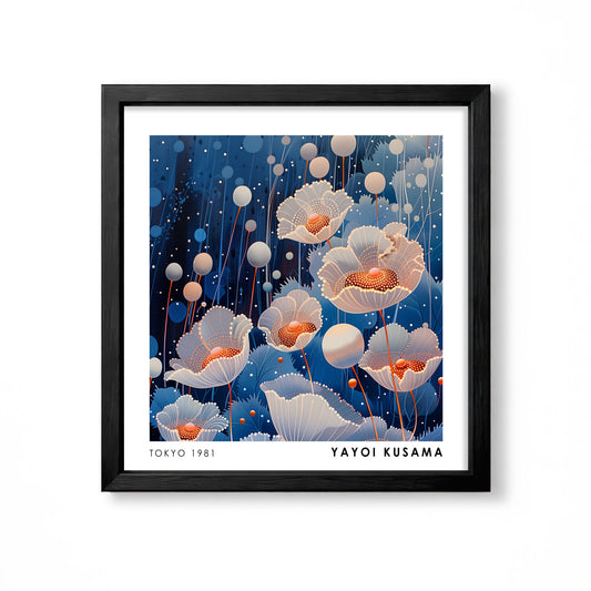 Yayoi Kusama inspired white poppy flowers on deep blue Japanese floral wall art print